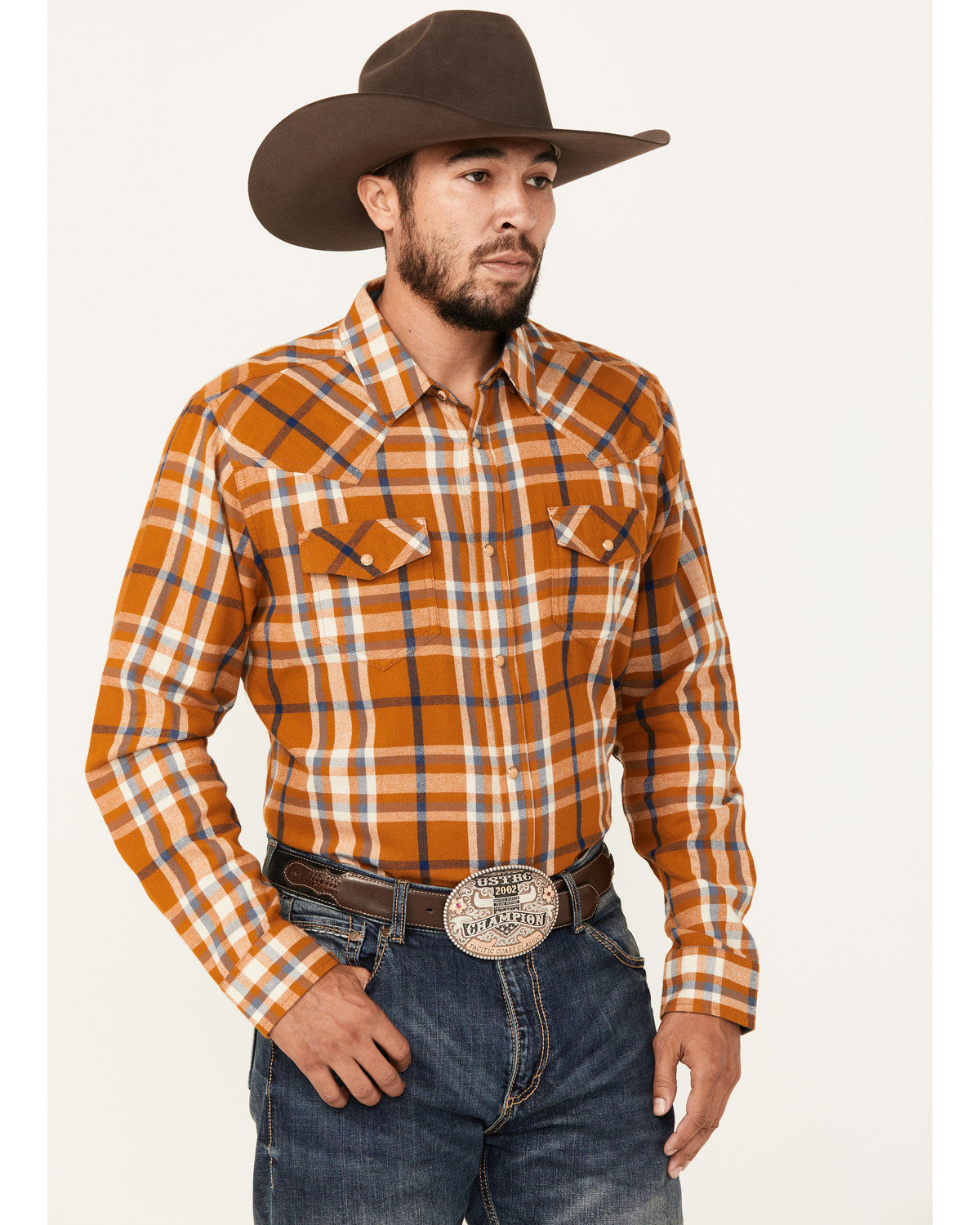 Men's Tidal Wave Plaid Print Long Sleeve Snap Western Flann Caramel