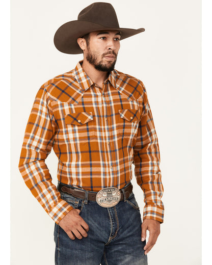 Men's Tidal Wave Plaid Print Long Sleeve Snap Western Flann Caramel
