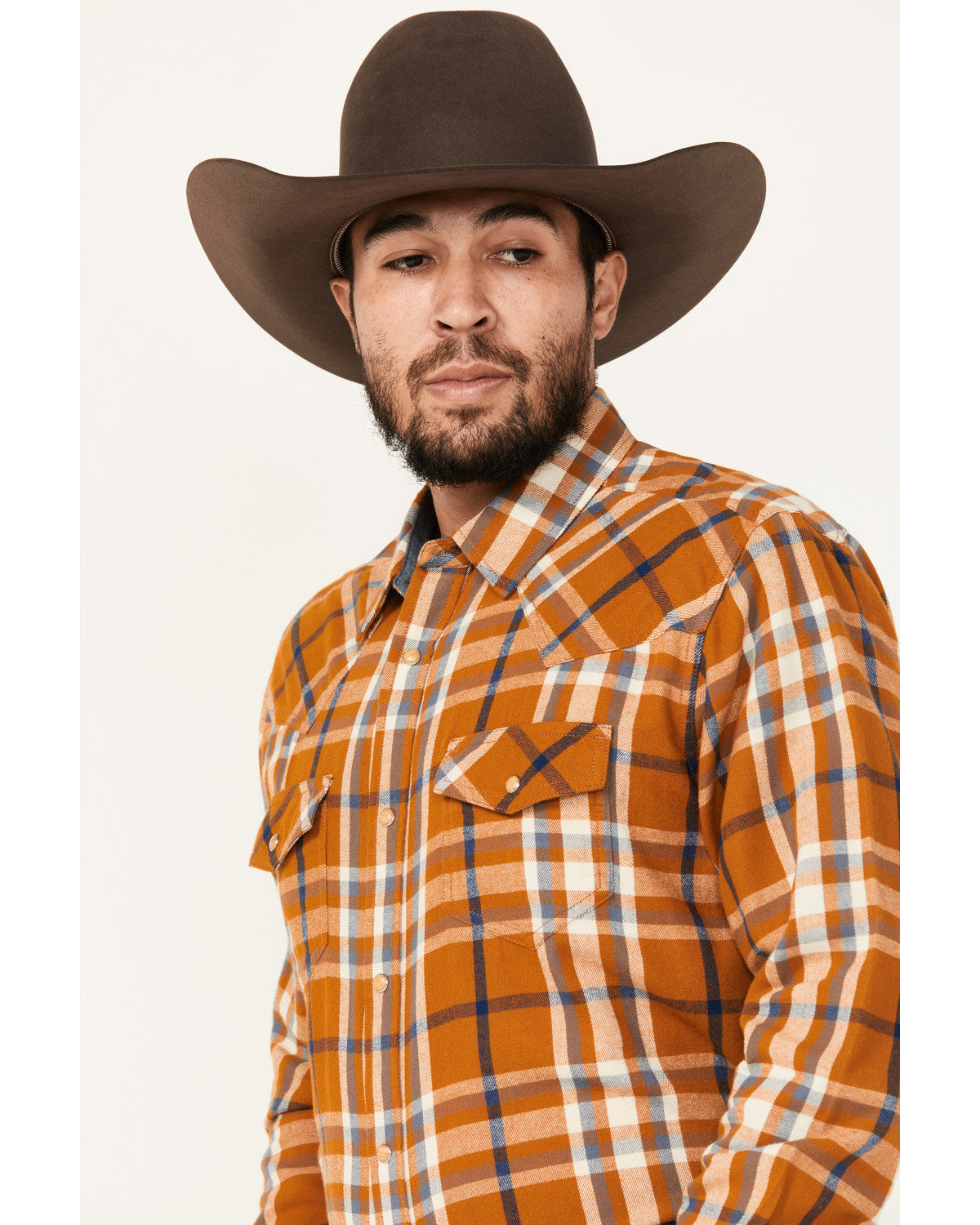 Men's Tidal Wave Plaid Print Long Sleeve Snap Western Flann Caramel