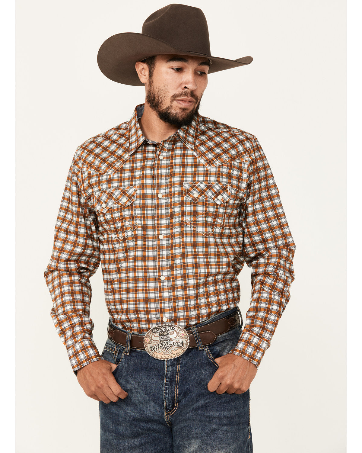 Men's Reverent Plaid Print Long Sleeve Snap Western Shirt Rust Copper