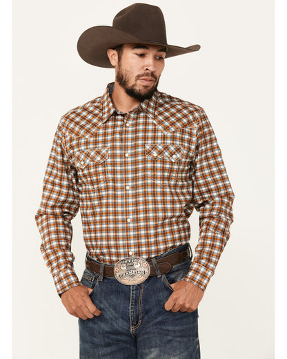 Men's Reverent Plaid Print Long Sleeve Snap Western Shirt Rust Copper