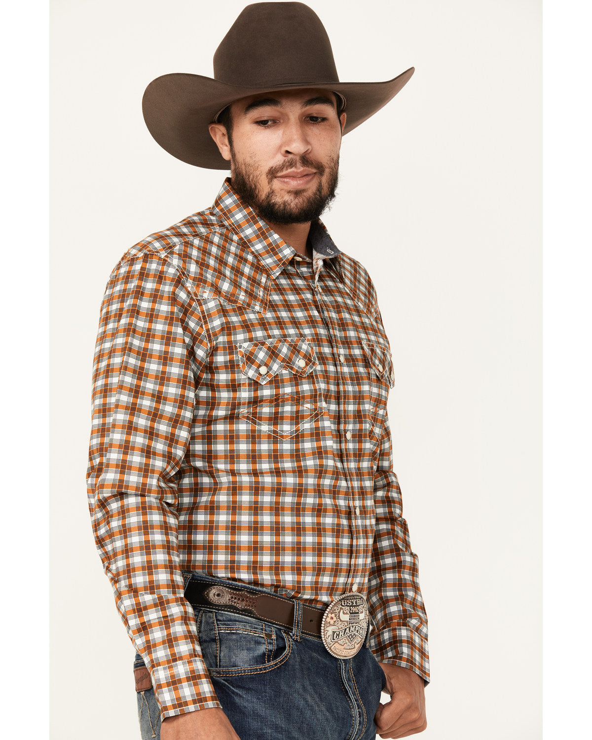 Men's Reverent Plaid Print Long Sleeve Snap Western Shirt Rust Copper