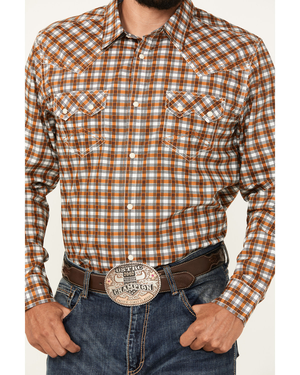 Men's Reverent Plaid Print Long Sleeve Snap Western Shirt Rust Copper