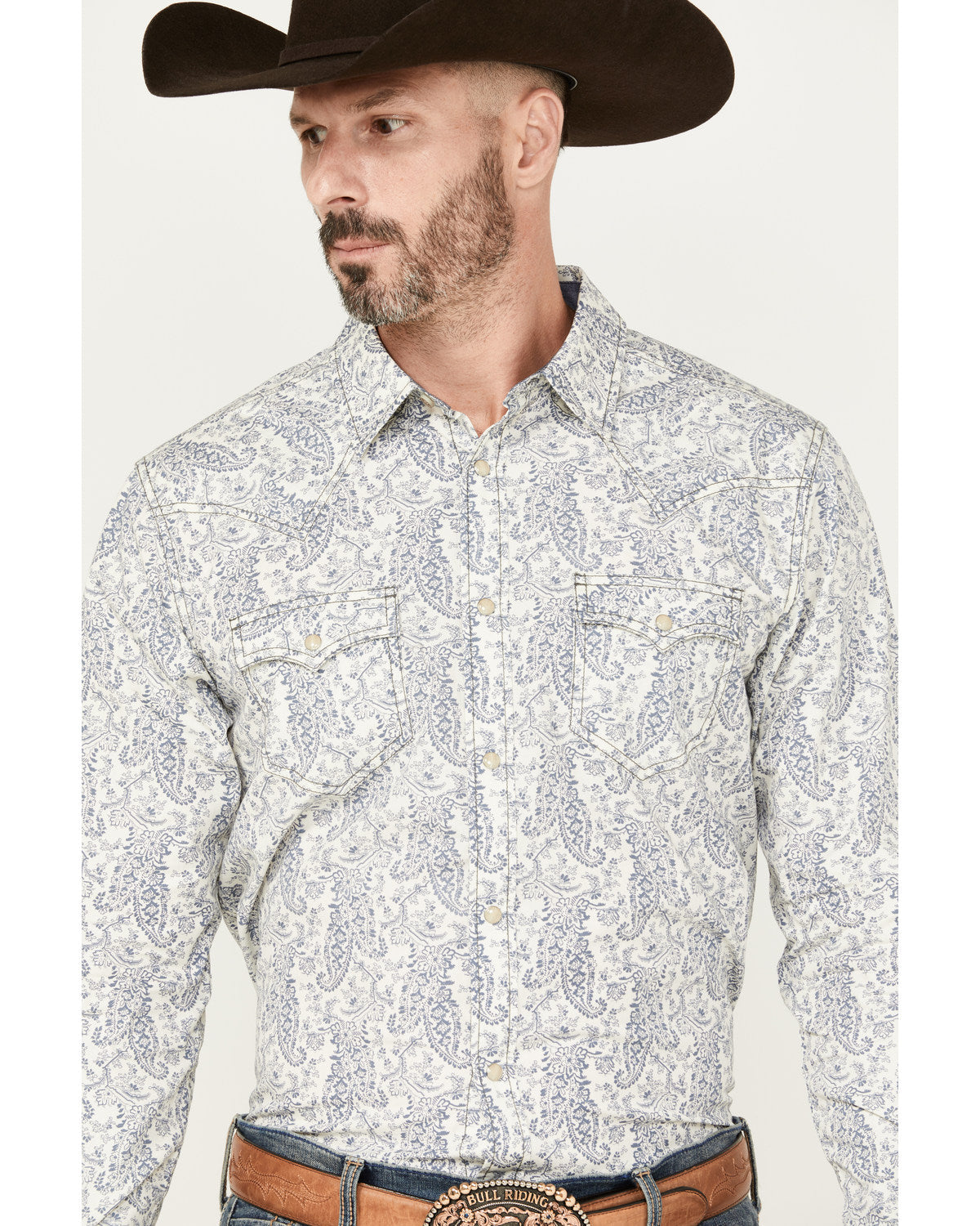 Men's Dagget Paisley Print Long Sleeve Snap Western Shirt - White