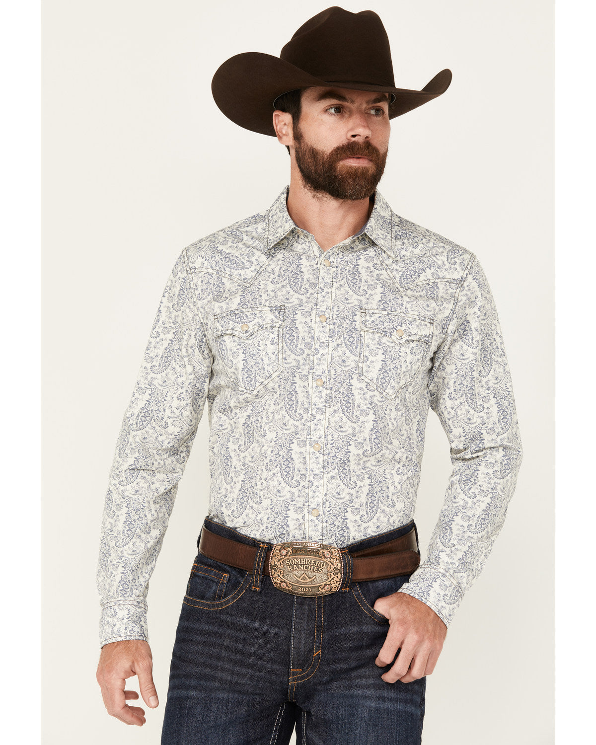 Men's Dagget Paisley Print Long Sleeve Snap Western Shirt - White