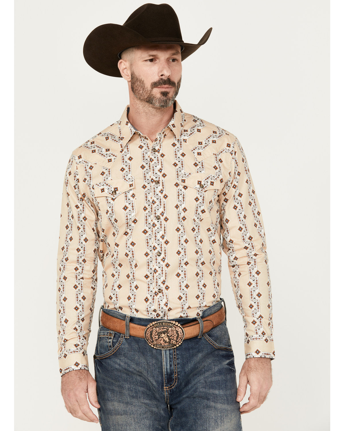 Men's Floral Striped Print Long Sleeve Snap Western Shirt Tan