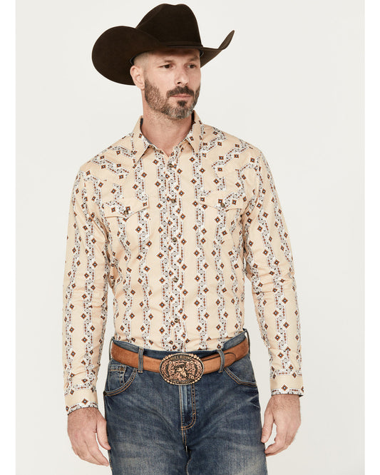 Men's Floral Striped Print Long Sleeve Snap Western Shirt Tan