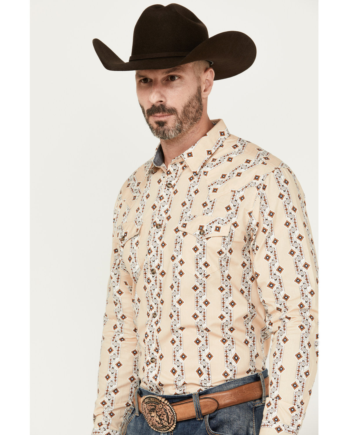 Men's Floral Striped Print Long Sleeve Snap Western Shirt Tan