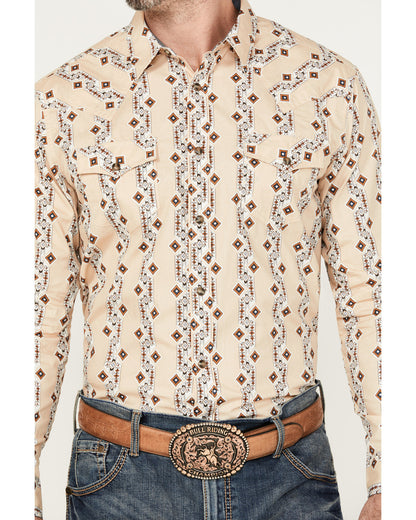 Men's Floral Striped Print Long Sleeve Snap Western Shirt Tan
