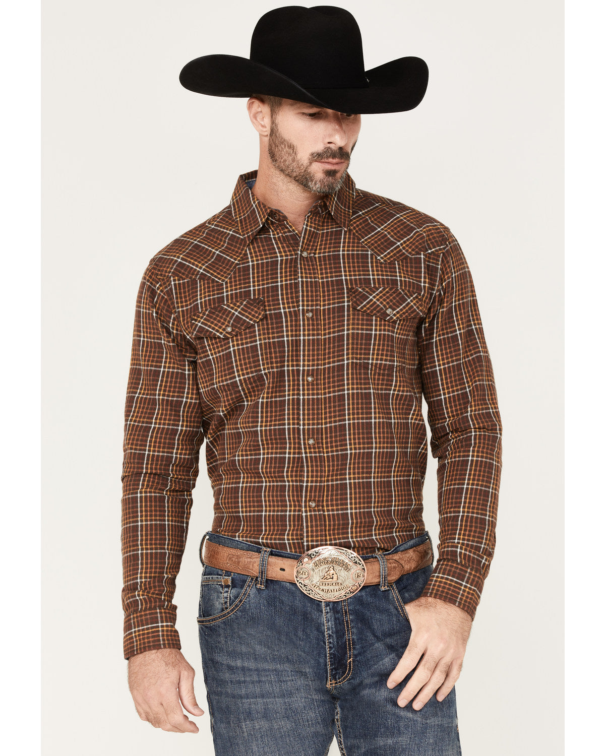 Men's Rusty Nail Plaid Print Long Sleeve Snap Western Flann Rust Copper