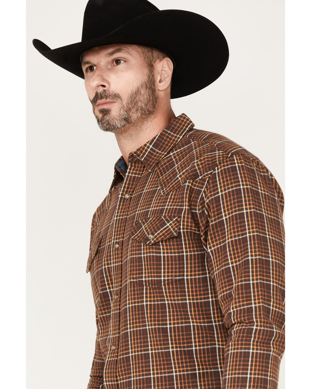Men's Rusty Nail Plaid Print Long Sleeve Snap Western Flann Rust Copper