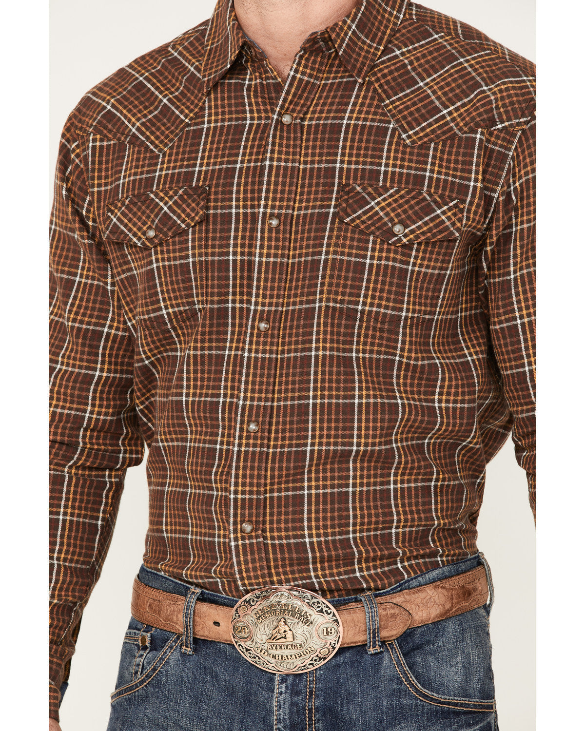 Men's Rusty Nail Plaid Print Long Sleeve Snap Western Flann Rust Copper