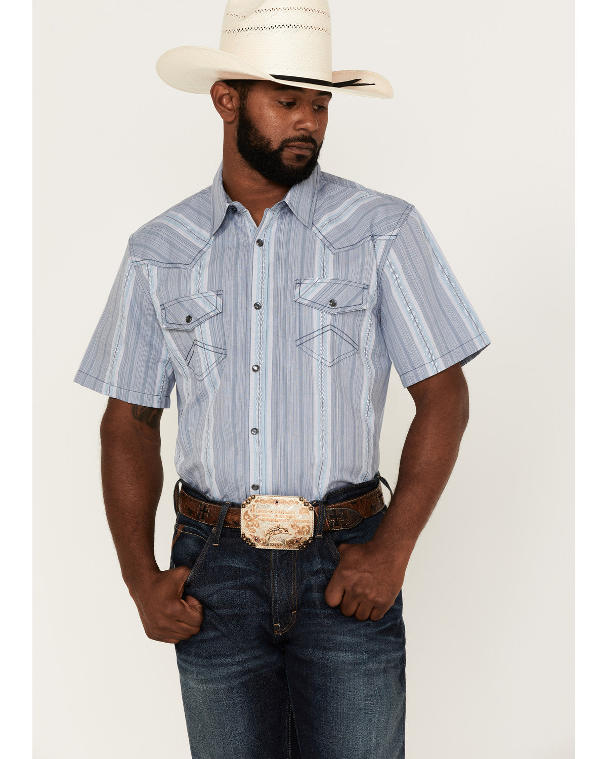 Men's Springs Vertical Stripe Short Sleeve Snap Western Shi Blue