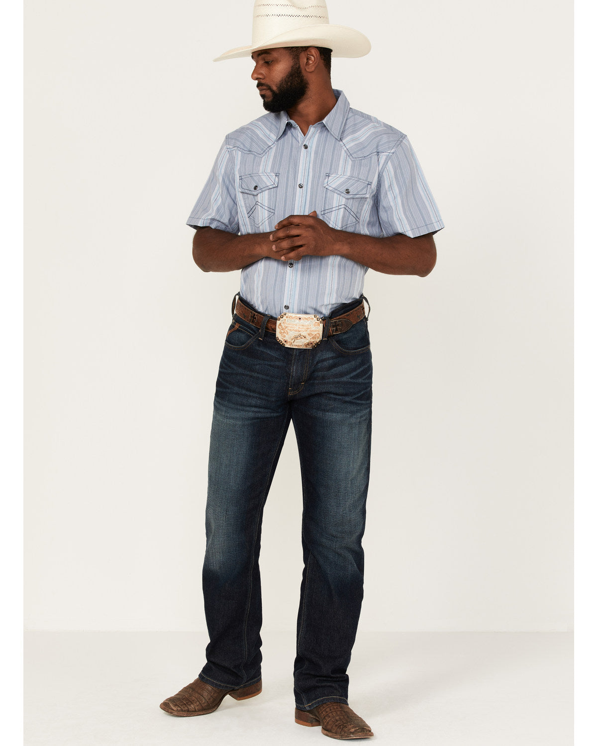 Men's Springs Vertical Stripe Short Sleeve Snap Western Shi Blue