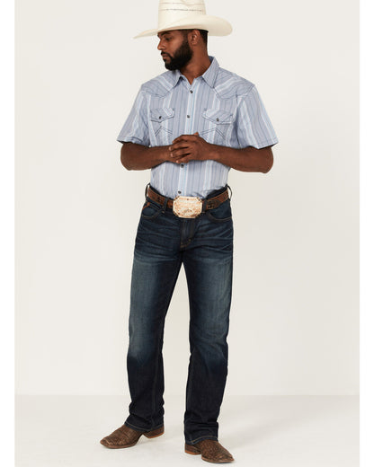 Men's Springs Vertical Stripe Short Sleeve Snap Western Shi Blue