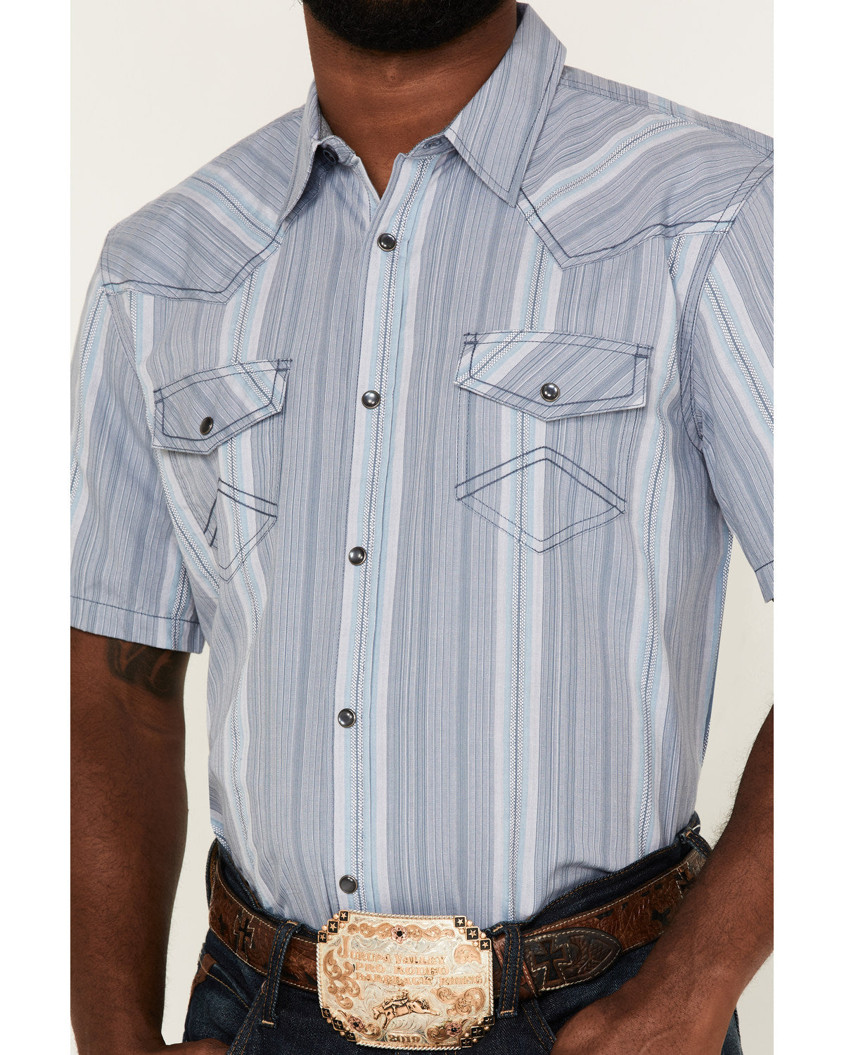 Men's Springs Vertical Stripe Short Sleeve Snap Western Shi Blue
