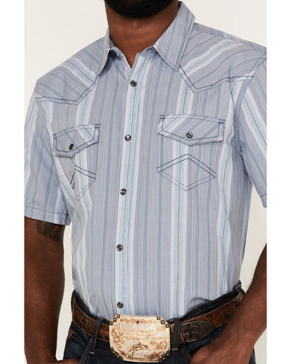 Men's Springs Vertical Stripe Short Sleeve Snap Western Shi Blue