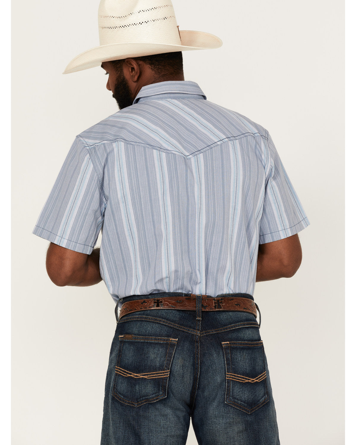 Men's Springs Vertical Stripe Short Sleeve Snap Western Shi Blue