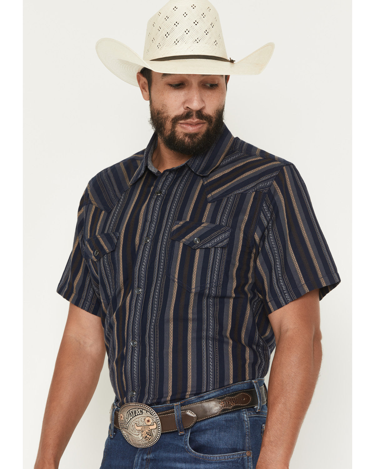 Men's Highland Rim Striped Print Short Sleeve Snap Western Navy