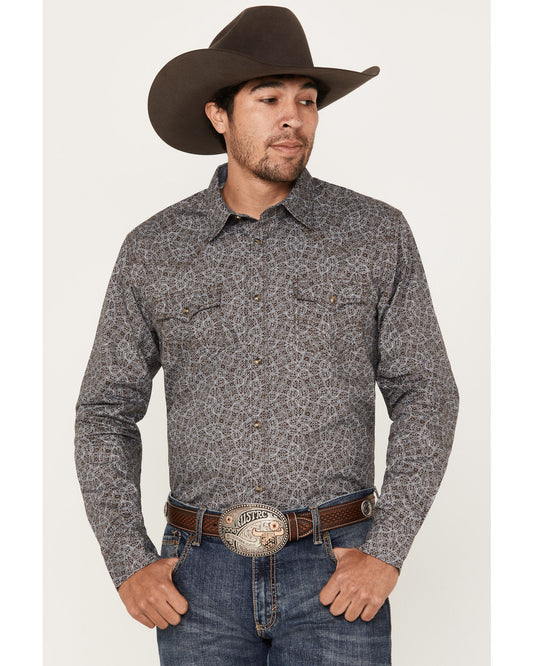 Men's Down Range Medallion Print Long Sleeve Western Snap S Dark Brown