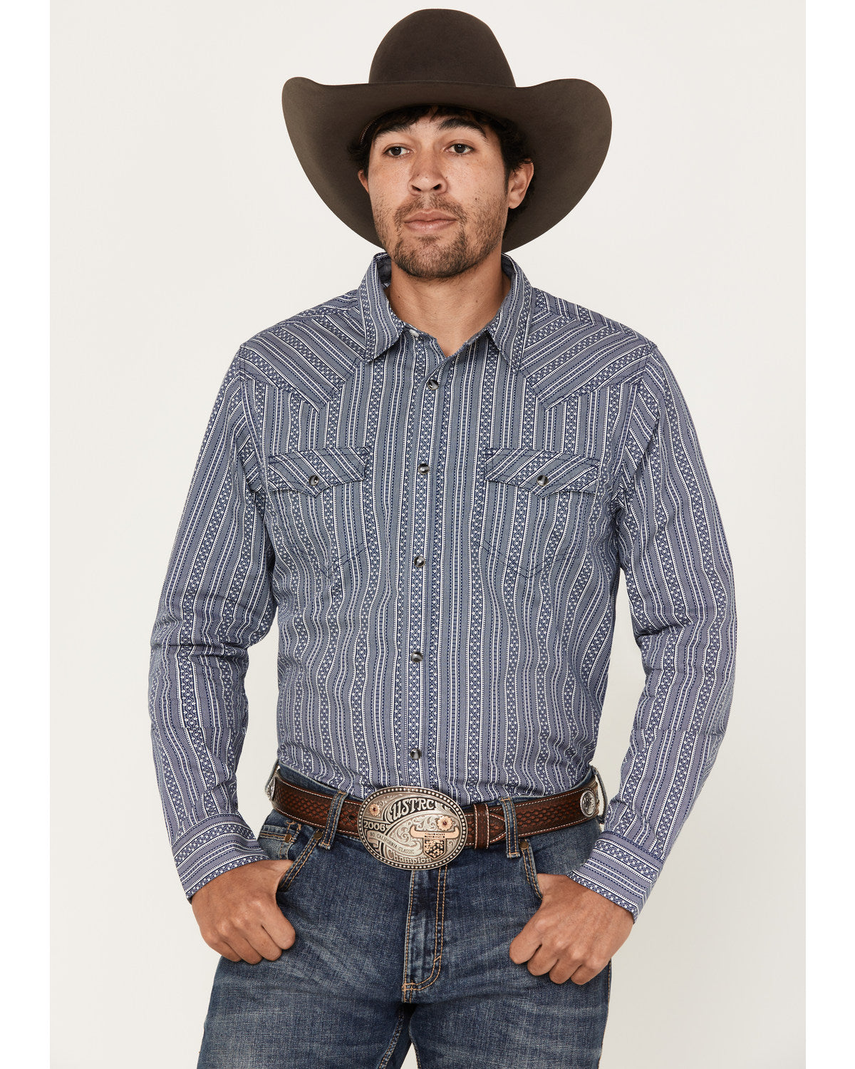 Men's Born N Raised Striped Long Sleeve Snap Western Shirt Navy