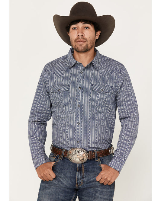 Men's Born N Raised Striped Long Sleeve Snap Western Shirt Navy