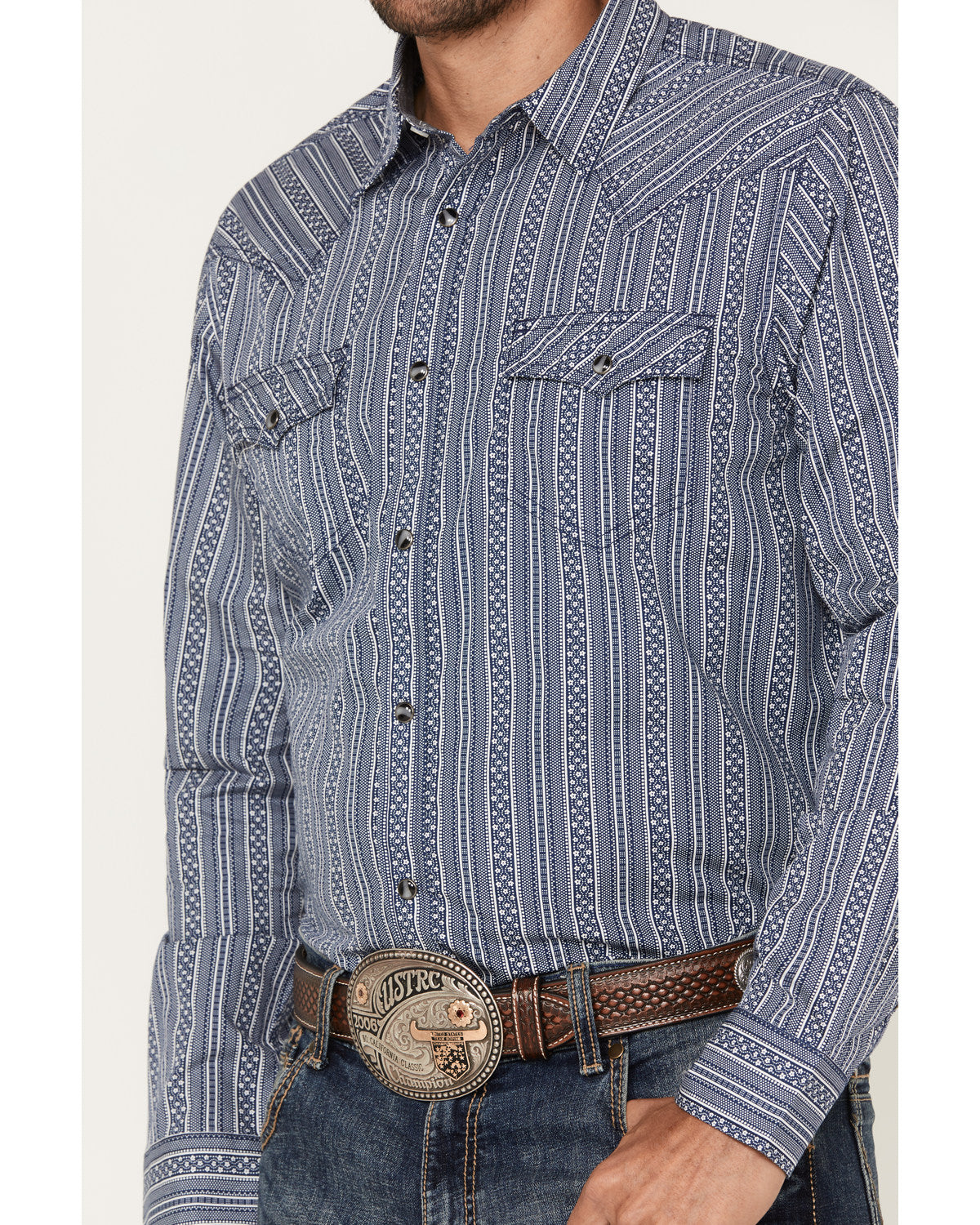 Men's Born N Raised Striped Long Sleeve Snap Western Shirt Navy