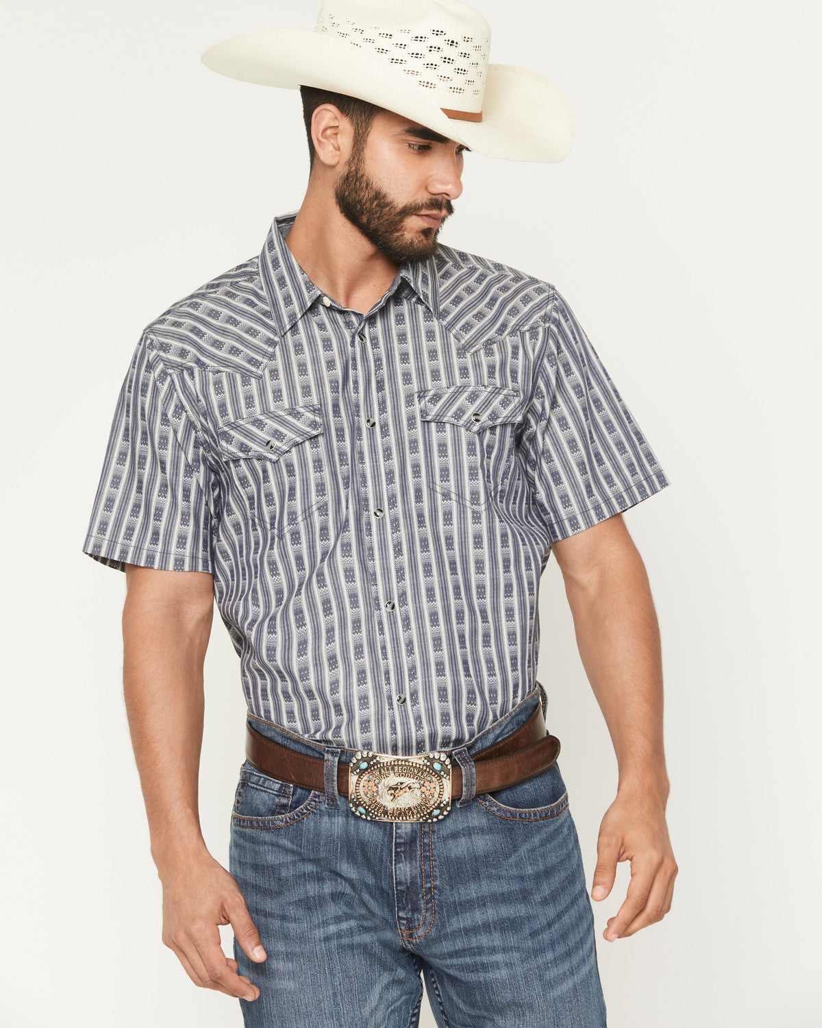 Men's Barrel Racer Southwestern Striped Print Long Sleeve S Blue
