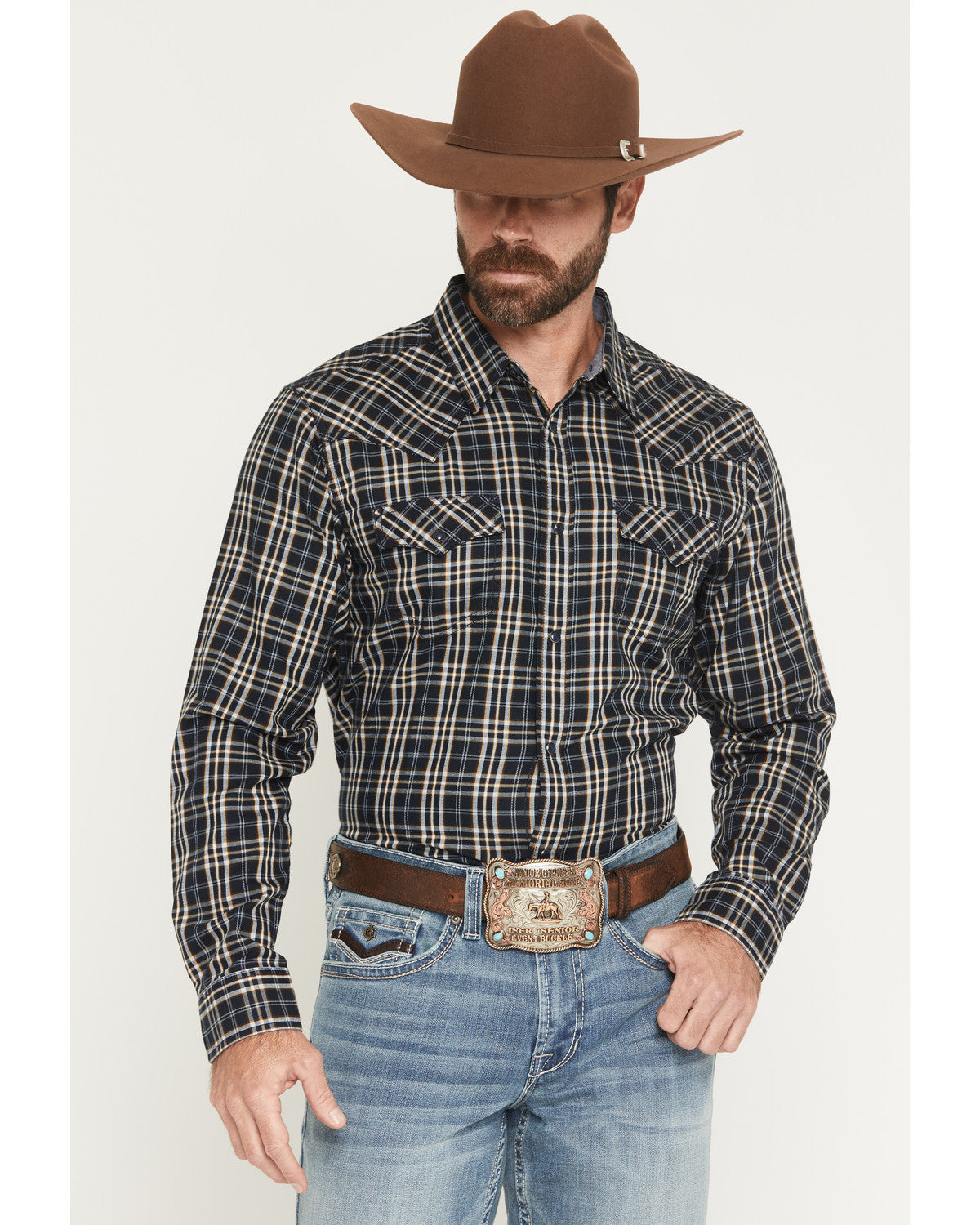 Men's Warriors Way Plaid Print Long Sleeve Snap Western Shi Dark Blue