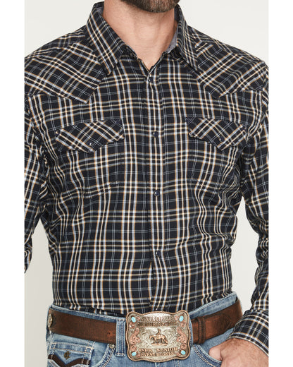 Men's Warriors Way Plaid Print Long Sleeve Snap Western Shi Dark Blue