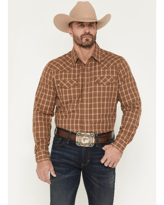 Men's Iron Oak Ranch Plaid Print Long Sleeve Snap Western S Lt Brown