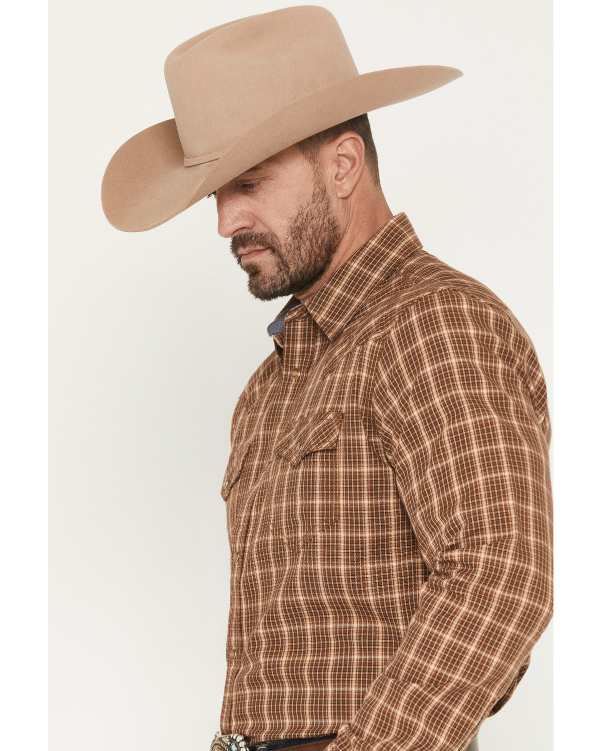 Men's Iron Oak Ranch Plaid Print Long Sleeve Snap Western S Lt Brown