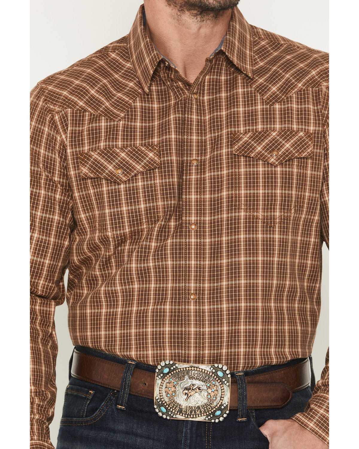 Men's Iron Oak Ranch Plaid Print Long Sleeve Snap Western S Lt Brown
