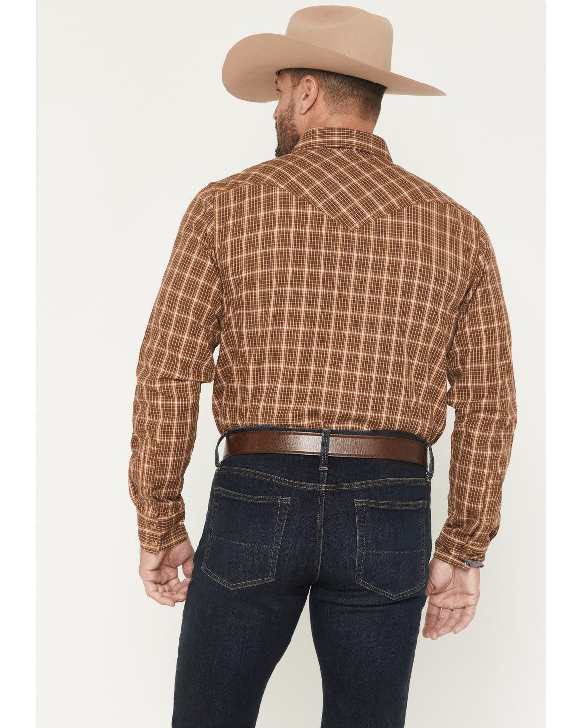 Men's Iron Oak Ranch Plaid Print Long Sleeve Snap Western S Lt Brown