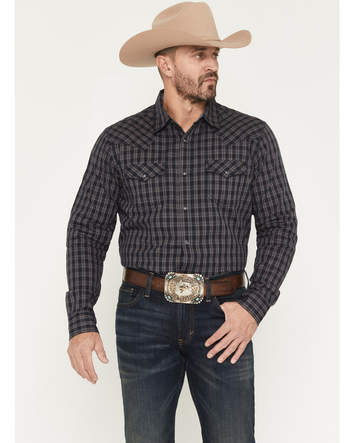 Men's Redstone Ranch Plaid Print Long Sleeve Snap Western S Navy