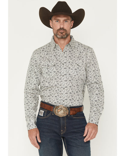 Men's Sunset Rider Floral Print Long Sleeve Snap Western Sh White