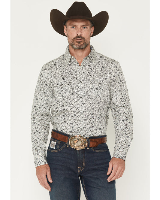 Men's Sunset Rider Floral Print Long Sleeve Snap Western Sh White