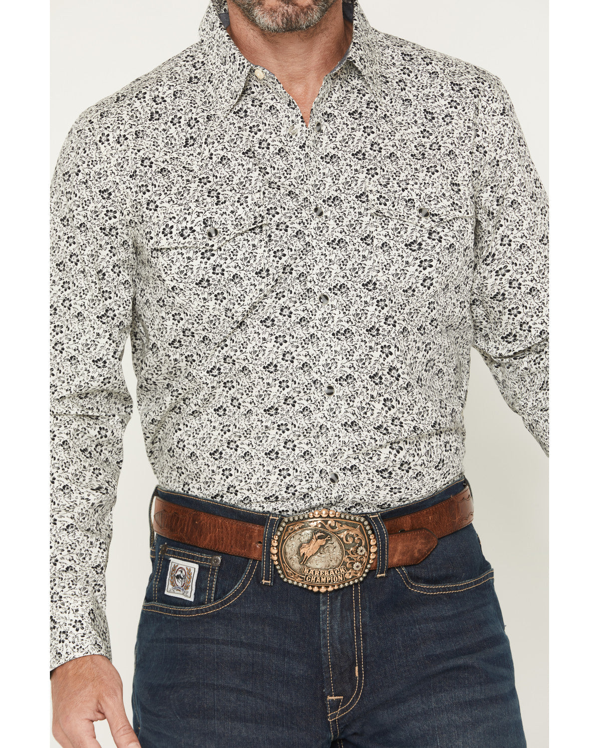 Men's Sunset Rider Floral Print Long Sleeve Snap Western Sh White