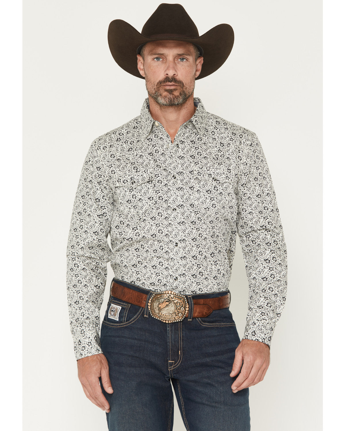 Men's Sunset Rider Floral Print Long Sleeve Snap Western Sh White