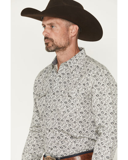 Men's Sunset Rider Floral Print Long Sleeve Snap Western Sh White