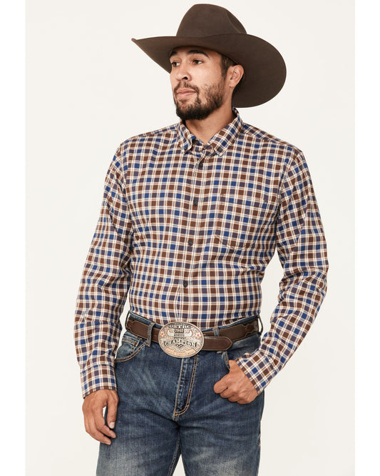 Men's Hound Dog Plaid Print Long Sleeve Button-Down Western Chocolate