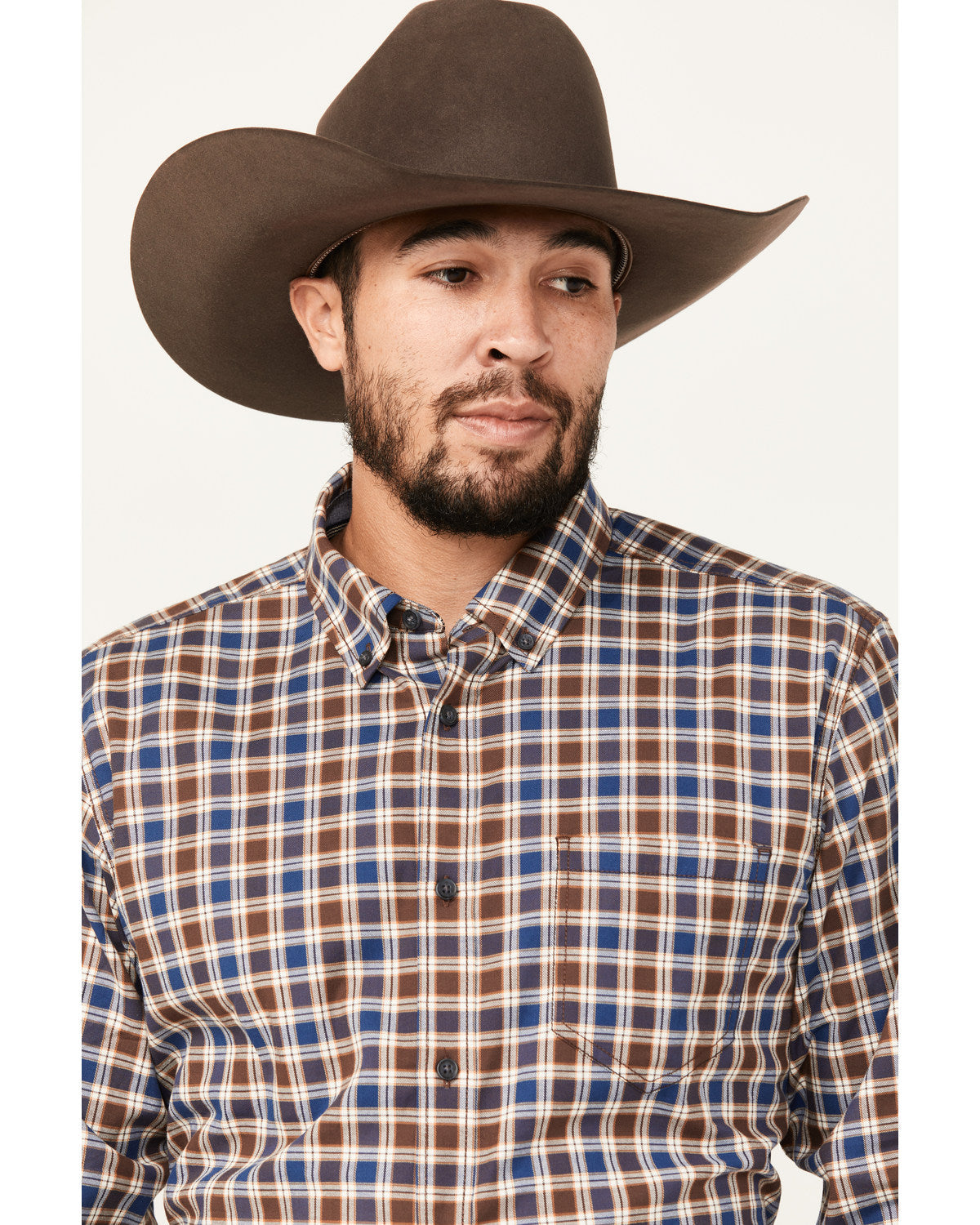 Men's Hound Dog Plaid Print Long Sleeve Button-Down Western Chocolate