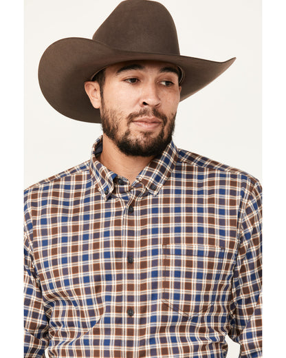 Men's Hound Dog Plaid Print Long Sleeve Button-Down Western Chocolate
