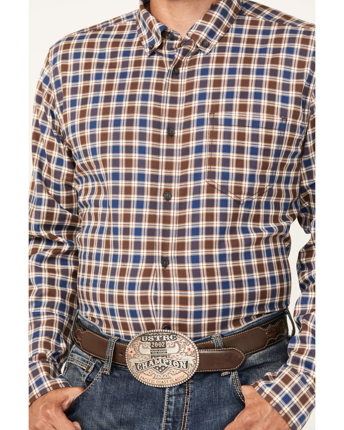 Men's Hound Dog Plaid Print Long Sleeve Button-Down Western Chocolate