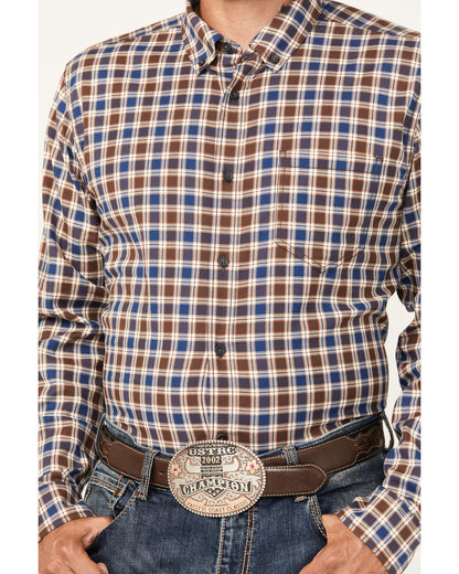 Men's Hound Dog Plaid Print Long Sleeve Button-Down Western Chocolate
