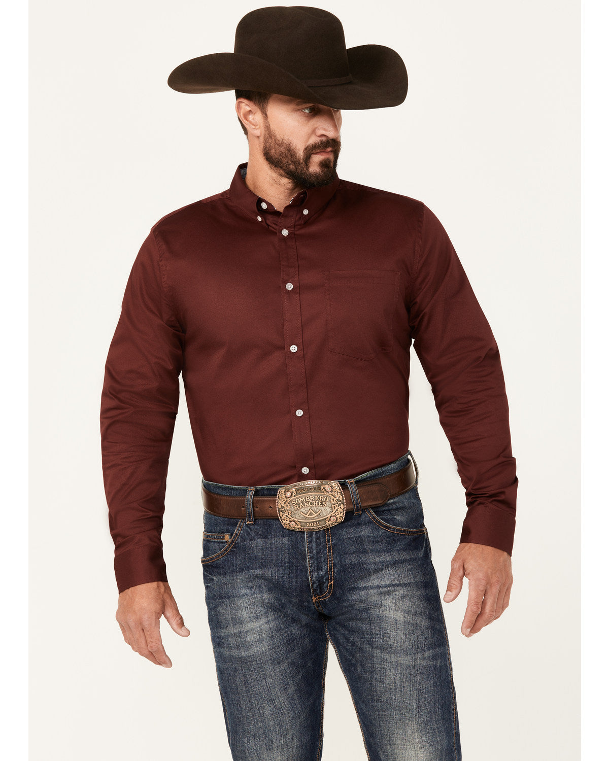 Men's Basic Twill Long Sleeve Button-Down Performance Weste Wine