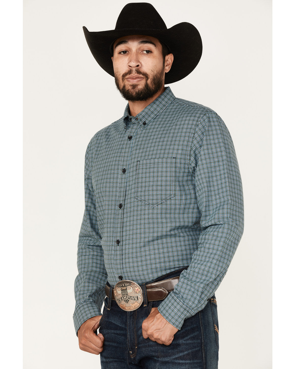 Men's Small Plaid Button Down Western Shirt Green