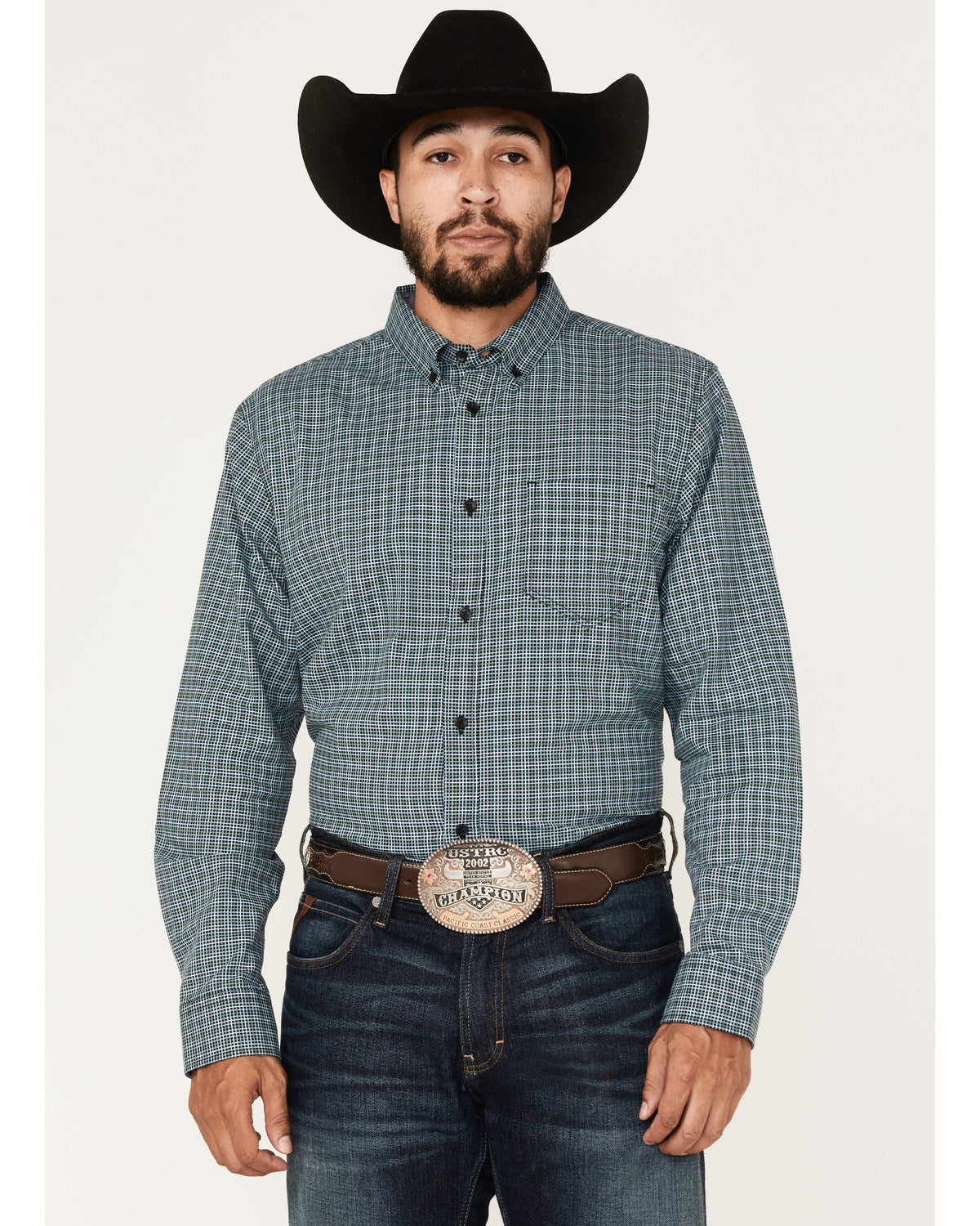 Men's Small Plaid Button Down Western Shirt Green