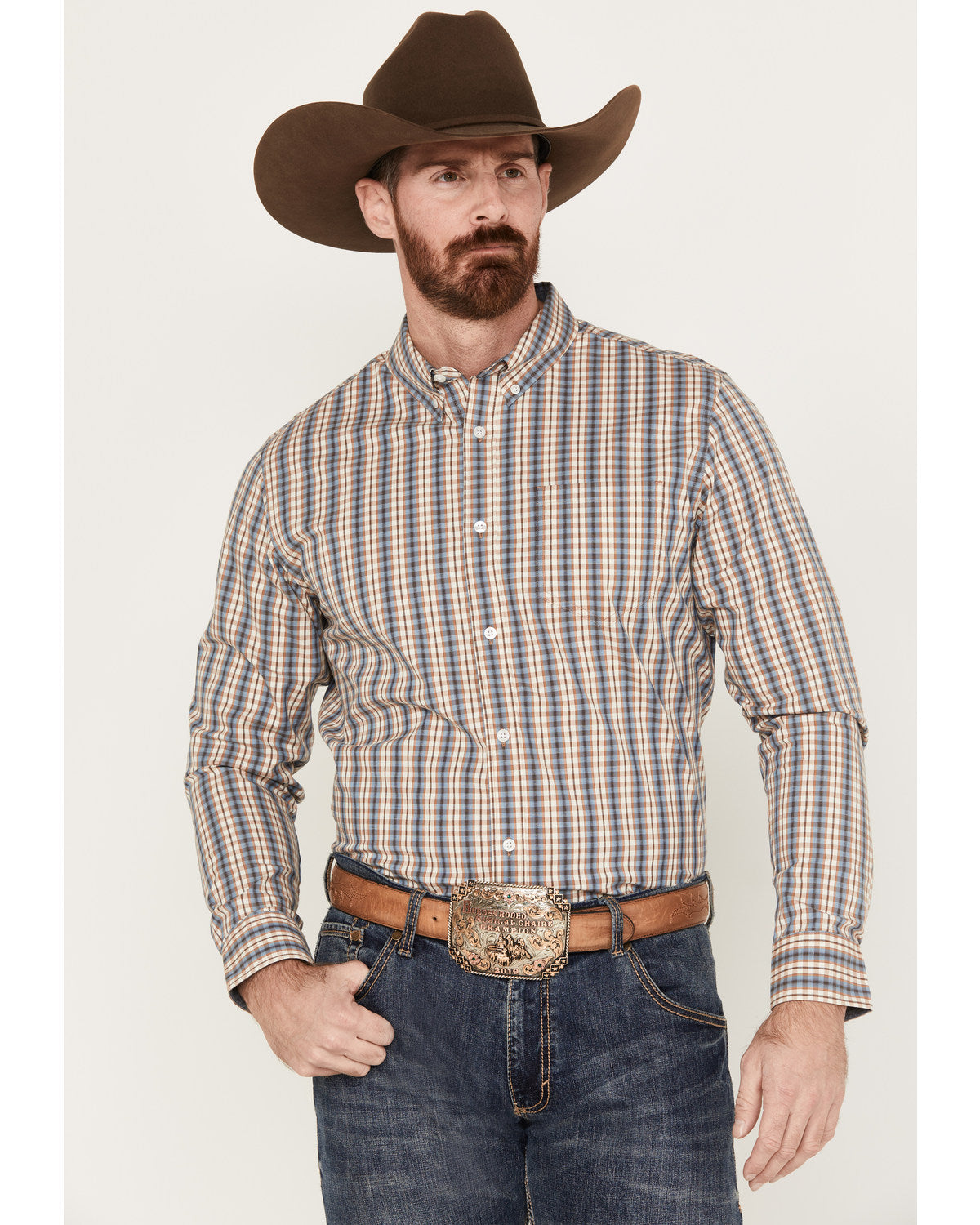 Men's Hayfield Plaid Print Long Sleeve Button-Down Stretch Oatmeal