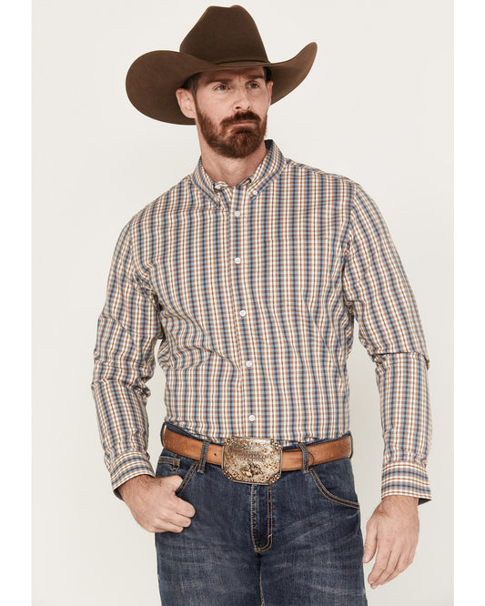 Men's Hayfield Plaid Print Long Sleeve Button-Down Stretch Oatmeal